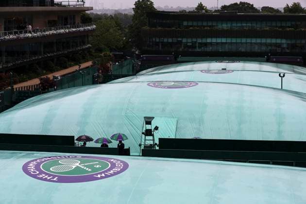 (230705) -- LONDON, July 5, 2023 -- Courts are covered from rain during the second day at Wimbledon tennis Championship in London, Britain, on July 4, 2023. Rain stopped play at Wimbledon for the second day. ) (SP)BRITAIN-LONDON-TENNIS-WIMBLEDON-DAY 2 HanxYan 