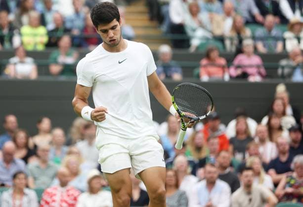 (230705) -- LONDON, July 5, 2023 -- Carlos Alcaraz of Spain celebrates during the men s singles first round match against Jeremy Chardy of France at Wimbledon Tennis Championships in London, Britain, July 4, 2023. ) (SP)BRITAIN-LONDON-TENNIS-WIMBLEDON-DAY 2 LixYing 