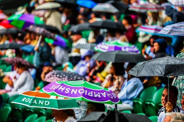 Mandatory Credit: Photo by Simon Dael Shutterstock (13995914bf) Umbrellas go up on Centre Court Wimbledon Tennis Championships, Day 3, The All England Lawn Tennis and Croquet Club, London, UK - 05 Jul 2023 Wimbledon Tennis Championships, Day 3, The All England Lawn Tennis and Croquet Club, London, UK - 05 Jul 2023  Copyright: xSimonxDael Shutterstockx 13995914bf