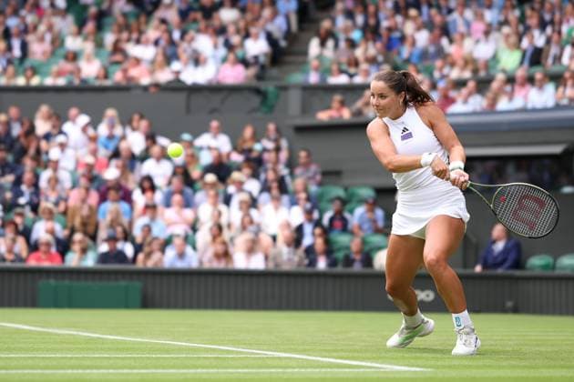 5th July 2023; All England Lawn Tennis and Croquet Club, London, England: Wimbledon Tennis Tournament; Jodie Burrage plays a backhand shot to Daria Kasatkina, ladies singles  ActionPlus12527288 ShaunxBrooks