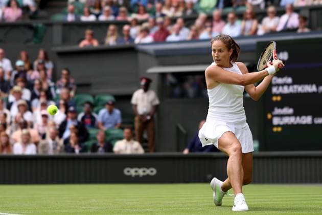 5th July 2023; All England Lawn Tennis and Croquet Club, London, England: Wimbledon Tennis Tournament; Daria Kasatkina plays a backhand shot to Jodie Burrage, ladies singles  ActionPlus12527295 ShaunxBrooks