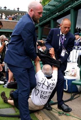 Mandatory Credit: Photo by Simon Dael Shutterstock (13995914dg) Just Stop oil protesters disrupt the match between Katie Boulter and Daria Saville Wimbledon Tennis Championships, Day 3, The All England Lawn Tennis and Croquet Club, London, UK - 05 Jul 2023 Wimbledon Tennis Championships, Day 3, The All England Lawn Tennis and Croquet Club, London, UK - 05 Jul 2023  Copyright: xSimonxDael Shutterstockx 13995914dg