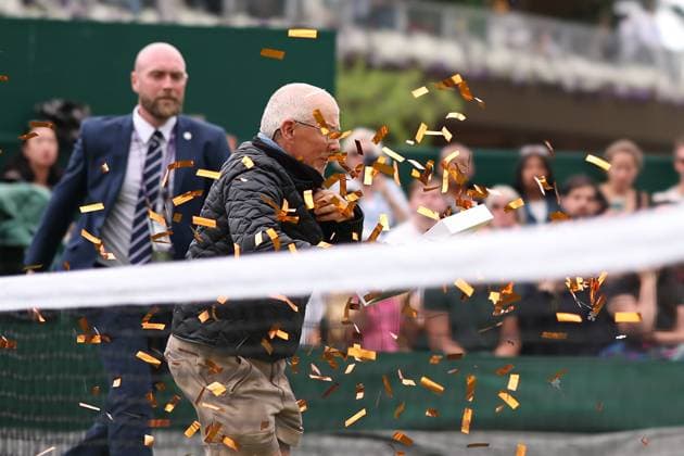 5th July 2023; All England Lawn Tennis and Croquet Club, London, England: Wimbledon Tennis Tournament; The Just Oil Protestor invades court 18 and stops play for Katie Boulter and Daria Saville  ActionPlus12527325 ShaunxBrooks