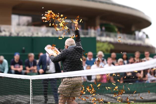 5th July 2023; All England Lawn Tennis and Croquet Club, London, England: Wimbledon Tennis Tournament; The Just Oil Protestor invades court 18 and stops play for Katie Boulter and Daria Saville  ActionPlus12527326 ShaunxBrooks