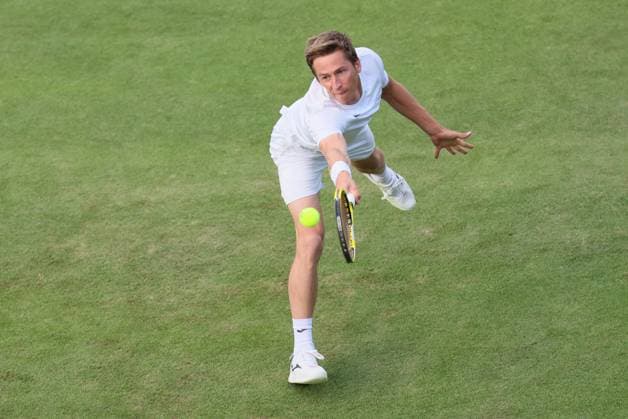 Belgian Kimmer Coppejans pictured in action during the match between Belgian Coppejans and Australian De Minaur, in the Men s Singles First Round, at the 2023 Wimbledon grand slam tennis tournament at the All England Tennis Club, in south-west London, Britain, . BENOITxDOPPAGNE  x70144147x