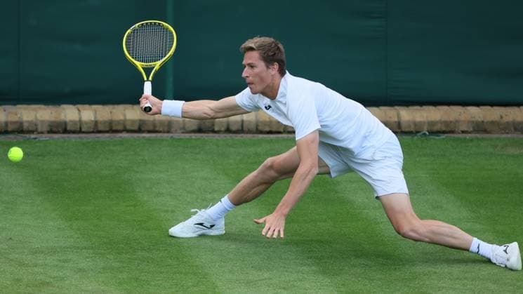 Belgian Kimmer Coppejans pictured in action during the match between Belgian Coppejans and Australian De Minaur, in the Men s Singles First Round, at the 2023 Wimbledon grand slam tennis tournament at the All England Tennis Club, in south-west London, Britain, . BENOITxDOPPAGNE  x70144150x