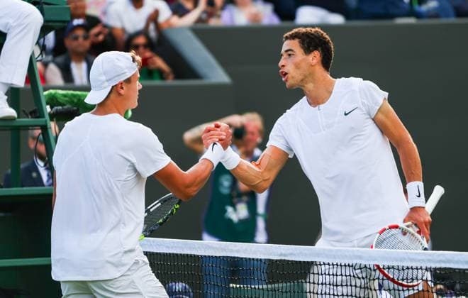 Mandatory Credit: Photo by Ella Ling Shutterstock (13995906bb) Holger Rune and George Loffhagen Wimbledon Tennis Championships, Day 3, The All England Lawn Tennis and Croquet Club, London, UK - 05 Jul 2023 Wimbledon Tennis Championships, Day 3, The All England Lawn Tennis and Croquet Club, London, UK - 05 Jul 2023  Copyright: xEllaxLing Shutterstockx 13995906bb