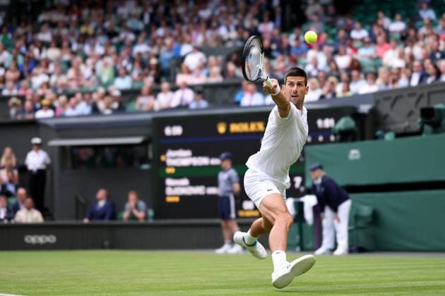 5th July 2023; All England Lawn Tennis and Croquet Club, London, England: Wimbledon Tennis Tournament; Novak Djokovic cannot return the serve of Jordan Thompson  ActionPlus12527343 ShaunxBrooks