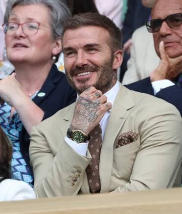 Footballer David Beckham watches the tennis on centre court on day three of the 2023 Wimbledon championships in London on Wednesday, July 05, 2023.  LON2023070537 HUGOxPHILPOTT
