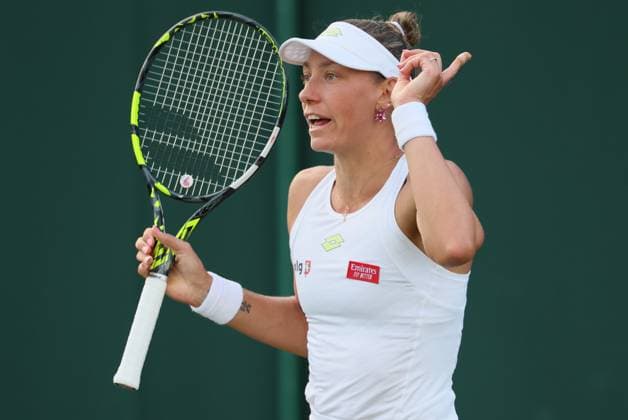 Belgian Yanina Wickmayer reacts during the match between Belgian Wickmayer and Russian Blinkova, in the Women s Singles First Round, at the 2023 Wimbledon grand slam tennis tournament at the All England Tennis Club, in south-west London, Britain, . BENOITxDOPPAGNE  x70147729x