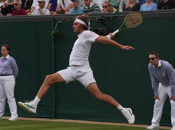 Tennis - 2023 Wimbledon Championships - Week One - Day Three - All England Lawn Tennis & Croquet Club, Wimbledon - Wednesday 5th July 2023 Dominic Thiem (AUT) v Stefanos Tsitsipas (GRE) Stefanos Tsitsipas (GRE) 