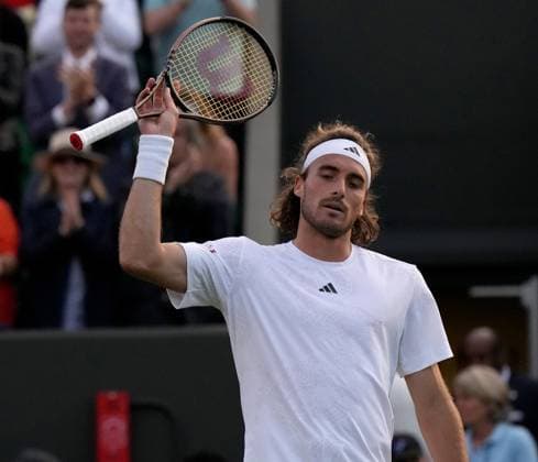 Tennis - 2023 Wimbledon Championships - Week One - Day Three - All England Lawn Tennis & Croquet Club, Wimbledon - Wednesday 5th July 2023 Dominic Thiem (AUT) v Stefanos Tsitsipas (GRE) Stefanos Tsitsipas (GRE) celebrates his 5th set win 