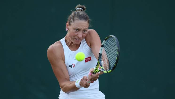 Belgian Yanina Wickmayer pictured in action during the match between Belgian Wickmayer and Russian Blinkova, in the Women s Singles First Round, at the 2023 Wimbledon grand slam tennis tournament at the All England Tennis Club, in south-west London, Britain, . BENOITxDOPPAGNE  x70149763x