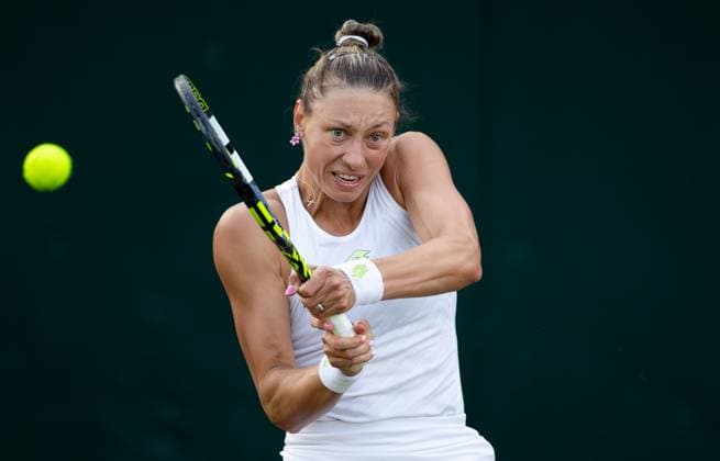 Belgian Yanina Wickmayer pictured in action during the match between Belgian Wickmayer and Russian Blinkova, in the Women s Singles First Round, at the 2023 Wimbledon grand slam tennis tournament at the All England Tennis Club, in south-west London, Britain, Wednesday 05 July 2023. BENOITxDOPPAGNE  x70158389x