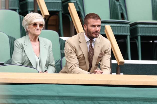 5th July 2023; All England Lawn Tennis and Croquet Club, London, England: Wimbledon Tennis Tournament; David Beckham sits with his mother Sandra Beckham in the royal box watching the match Jodie Burrage versus Daria Kasatkina from the royal box  ActionPlus12527400 ShaunxBrooks