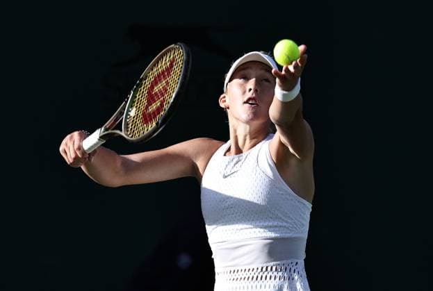 Mirra Andreeva, RUS, during rain delayed first round of 2023 All England Lawn Tennis Championships at Wimbledon, womens singles, London, 05 07 2023