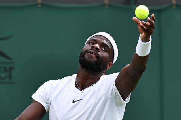 Frances Tiafoe, USA, during rain delayed first round of 2023 All England Lawn Tennis Championships at Wimbledon, gentlemens singles, London, 05 07 2023