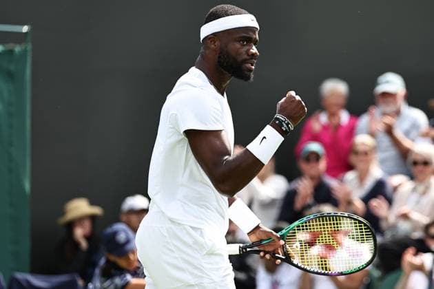 Frances Tiafoe, USA, during rain delayed first round of 2023 All England Lawn Tennis Championships at Wimbledon, gentlemens singles, London, 05 07 2023