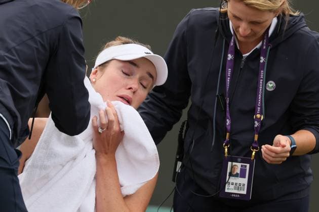 Ukrainian Elina Svitolina is injured during the match between Belgian Mertens and Ukrainian Svitolina, in the Women s Singles Second Round, at the 2023 Wimbledon grand slam tennis tournament at the All England Tennis Club, in south-west London, Britain, . Due to the bad weather, play had to be suspended on Tuesday and Wednesday, and lots of matches had to be postponed. BENOITxDOPPAGNE  x70172977x