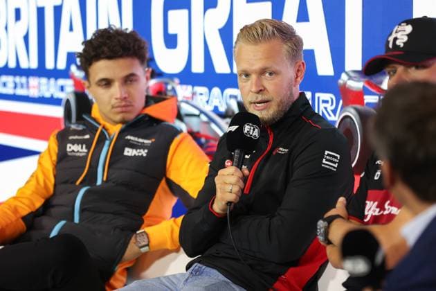 press conference, PK, Pressekonferenz MAGNUSSEN Kevin (den), Haas F1 Team VF-22 Ferrari, portrait during the 2023 Formula 1 Aramco British Grand Prix, 10th round of the 2023 Formula One World Championship, WM, Weltmeisterschaft from July 7 to 9, 2023 on the Silverstone Circuit, in Silverstone, United Kingdom - F1 - BRITISH GRAND PRIX 2023 DPPI Panoramic  00123024_AV6_1321 