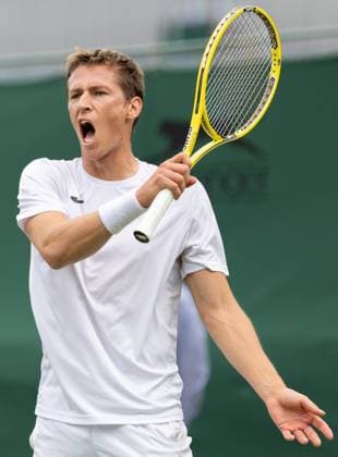 Belgian Kimmer Coppejans reacts during the second part of the match between Belgian Coppejans and Australian De Minaur, in the Men s Singles First Round, at the 2023 Wimbledon grand slam tennis tournament at the All England Tennis Club, in south-west London, Britain, Thursday 06 July 2023. Due to the bad weather, play had to be suspended on Tuesday and Wednesday, and lots of matches had to be postponed. BENOITxDOPPAGNE  x70181384x