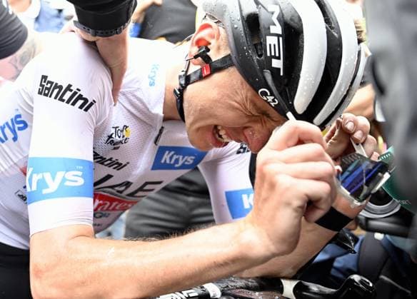 Slovenian Tadej Pogacar of UAE Team Emirates reacts after stage 6 of the Tour de France cycling race, a 144,9 km race from Tarbes to Cauterets-Cambasque, France, Thursday 06 July 2023. This year s Tour de France takes place from 01 to 23 July 2023. DIRKxWAEM  x70185865x