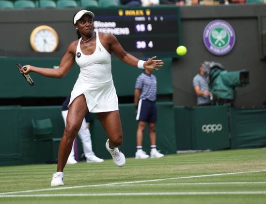 American Sloane Stephens celebrates a point in her second round match against Croatian Donna Vekic on day four of the 2023 Wimbledon championships in London on Thursday, July 06, 2023.  LON2023070648 HUGOxPHILPOTT