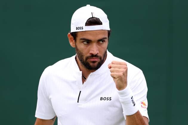 6th July 2023; All England Lawn Tennis and Croquet Club, London, England: Wimbledon Tennis Tournament; Matteo Berrettini celebrates after he breaks the serve of Lorenzo Sonego  ActionPlus12527609 ShaunxBrooks