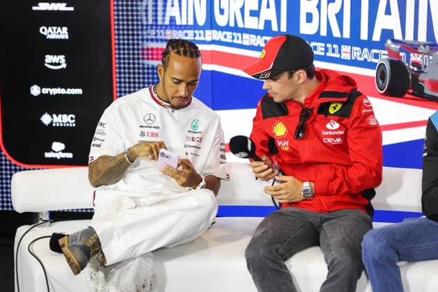 press conference, PK, Pressekonferenz HAMILTON Lewis (gbr), Mercedes AMG F1 Team W13, LECLERC Charles (mco), Scuderia Ferrari F1-75, portrait during the 2023 Formula 1 Aramco British Grand Prix, 10th round of the 2023 Formula One World Championship, WM, Weltmeisterschaft from July 7 to 9, 2023 on the Silverstone Circuit, in Silverstone, United Kingdom  Copyright: xAntoninxVincent DPPI IPAxSportx x xIPAxSportx 0 IPA_IPA39081044