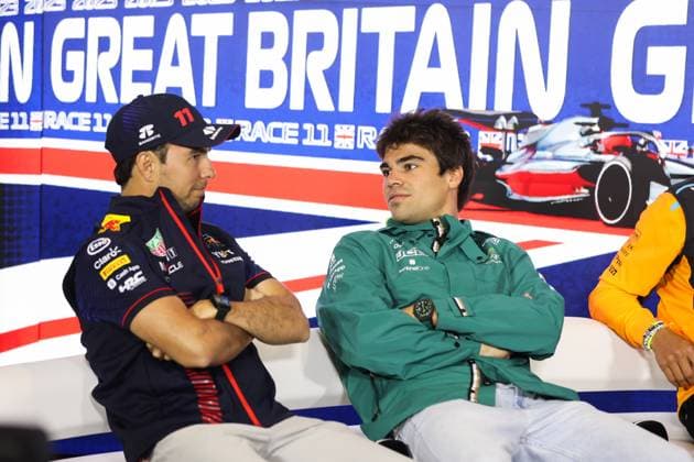 press conference, PK, Pressekonferenz PEREZ Sergio (mex), Red Bull Racing RB18, STROLL Lance (can), Aston Martin F1 Team AMR22, portrait during the 2023 Formula 1 Aramco British Grand Prix, 10th round of the 2023 Formula One World Championship, WM, Weltmeisterschaft from July 7 to 9, 2023 on the Silverstone Circuit, in Silverstone, United Kingdom  Copyright: xAntoninxVincent DPPI IPAxSportx x xIPAxSportx 0 IPA_IPA39081065