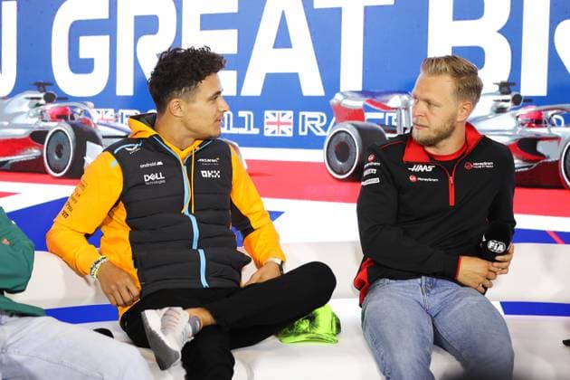 press conference, PK, Pressekonferenz MAGNUSSEN Kevin (den), Haas F1 Team VF-22 Ferrari, NORRIS Lando (gbr), McLaren F1 Team MCL36, portrait during the 2023 Formula 1 Aramco British Grand Prix, 10th round of the 2023 Formula One World Championship, WM, Weltmeisterschaft from July 7 to 9, 2023 on the Silverstone Circuit, in Silverstone, United Kingdom  Copyright: xAntoninxVincent DPPI IPAxSportx x xIPAxSportx 0 IPA_IPA39081066