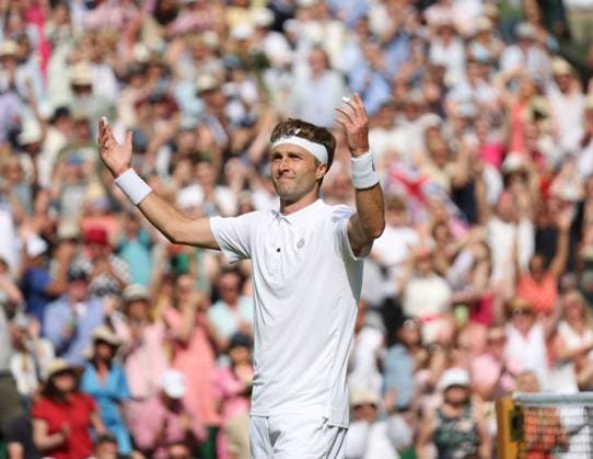 Great Britain s Liam Broady celebrates victory in his second round match against Norway s Casper Ruud on day four of the 2023 Wimbledon championships in London on Thursday, July 06, 2023.  LON2023070659 HUGOxPHILPOTT