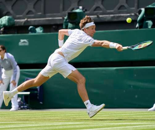 at the 2023 Wimbledon Championships Casper Ruud (NOR) plays a backhand during his second round match against Liam Broady (GBR) on Day Four at the 2023 Wimbledon Championships at the All England Club, London, United Kingdom,, Credit:Peter van den Berg Avalon United Kingdom, England, London, All England Lawn Tennis and Croquet Club  Copyright: xPeterxvanxdenxBergx xAvalonx 0787587675