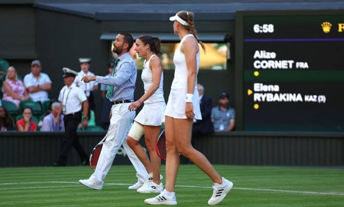 Mandatory Credit: Photo by Ella Ling Shutterstock (13995916bm) Alize Cornet in tears as she suffers an injury and receives treatment in their match vs Elena Rybakina Wimbledon Tennis Championships, Day 4, The All England Lawn Tennis and Croquet Club, London, UK - 06 Jul 2023 Wimbledon Tennis Championships, Day 4, The All England Lawn Tennis and Croquet Club, London, UK - 06 Jul 2023  Copyright: xEllaxLing Shutterstockx 13995916bm