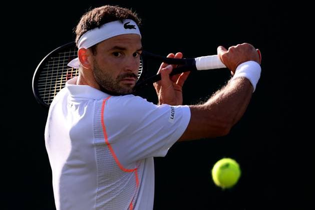 6th July 2023; All England Lawn Tennis and Croquet Club, London, England: Wimbledon Tennis Tournament; Grigor Dimitrov plays a backhand shot to IIya Ivashka  ActionPlus12527695 ShaunxBrooks