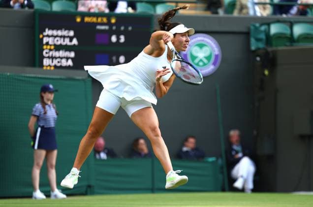 Mandatory Credit: Photo by Simon Dael Shutterstock (13995920gm) Jessica Pegula in action against Cristina Bucsa Wimbledon Tennis Championships, Day 4, The All England Lawn Tennis and Croquet Club, London, UK - 06 Jul 2023 Wimbledon Tennis Championships, Day 4, The All England Lawn Tennis and Croquet Club, London, UK - 06 Jul 2023  Copyright: xSimonxDael Shutterstockx 13995920gm