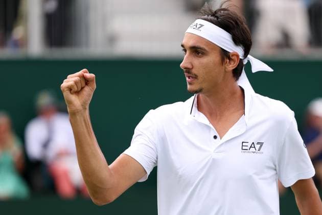 6th July 2023; All England Lawn Tennis and Croquet Club, London, England: Wimbledon Tennis Tournament; Lorenzo Sonego celebrates a point during his match with Matteo Berrettini  ActionPlus12527777 ShaunxBrooks