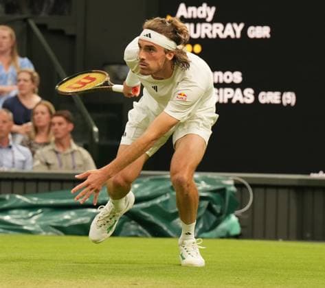 Tennis - 2023 Wimbledon Championships - Week One - Day Four - All England lawn Tennis & Racquet Club, Wimbledon - Thursday 6th Andy Murray (GBR) v Stefanos Tsitsipas (GRE) Stefanos Tsitsipas 