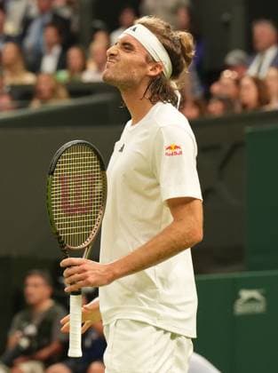 Tennis - 2023 Wimbledon Championships - Week One - Day Four - All England lawn Tennis & Racquet Club, Wimbledon - Thursday 6th Andy Murray (GBR) v Stefanos Tsitsipas (GRE) Stefanos Tsitsipas watches his shot go just out 
