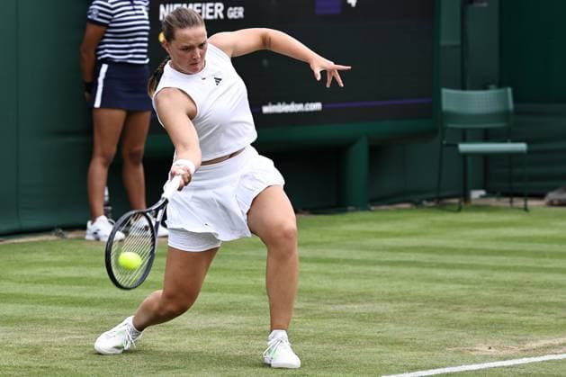 Jule Niemeier, GER, during rain delayed first round of 2023 All England Lawn Tennis Championships at Wimbledon, womens singles, London, 06 07 2023