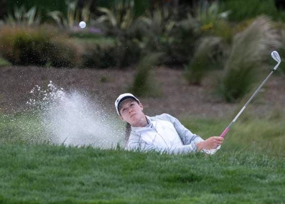 Emilia Migliaccio hits out of a trap to the second green in round one of the Women s U.S. Open at Pebble Beach, California on Thursday, July 6, 2023.  PBP2023070619 TERRYxSCHMITT