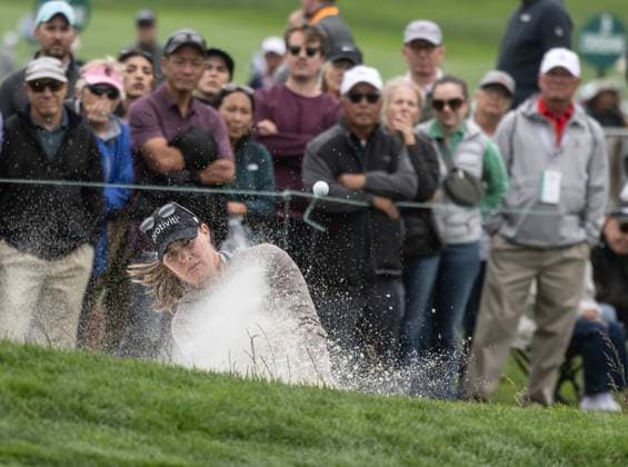 Jennifer Kupcho holes the ball out of a trap on the second green in round one of the Women s U.S. Open at Pebble Beach, California on Thursday, July 6, 2023.  PBP2023070621 TERRYxSCHMITT