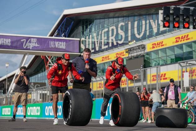 FORMULA 1 ARAMCO BRITISH GRAND PRIX 2023, 06 07 2023 David Croft with Charles Leclerc 16 (MON), Scuderia Ferrari SF-23 and Carlos Sainz 55 (SPA), Scuderia Ferrari SF-23, tyre challenge, during the FORMULA 1 ARAMCO BRITISH GRAND PRIX 2023 at Silverstone Circuit, Silverstone, United Kingdom on 6 July 2023 Editorial Use Only Copyright: xEveryxSecondxMediax ESM-0745-0037