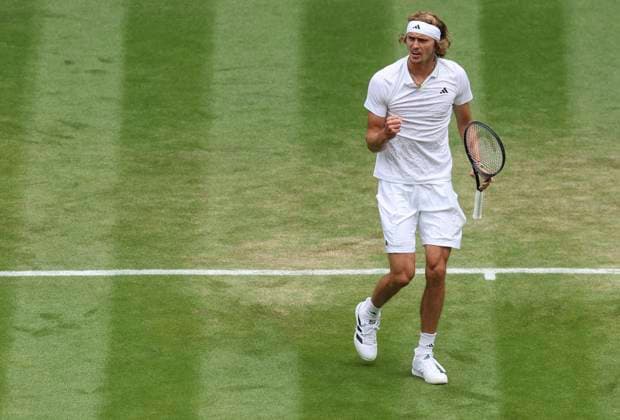 (230707) -- LONDON, July 7, 2023 -- Alexander Zverev of Germany celebrates during the men s singles first round match between Alexander Zverev of Germany and Gijs Brouwer of the Netherlands at Wimbledon tennis Championship in London, Britain, on July 6, 2023. ) (SP)BRITAIN-LONDON-TENNIS-WIMBLEDON-DAY 4 HanxYan 