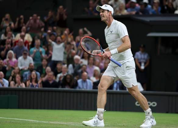 (230707) -- LONDON, July 7, 2023 -- Andy Murray of Britain reacts during the men s singles second round match between Andy Murray of Britain and Stefanos Tsitsipas of Greece at Wimbledon tennis Championship in London, Britain, on July 6, 2023. ) (SP)BRITAIN-LONDON-TENNIS-WIMBLEDON-DAY 4 HanxYan 