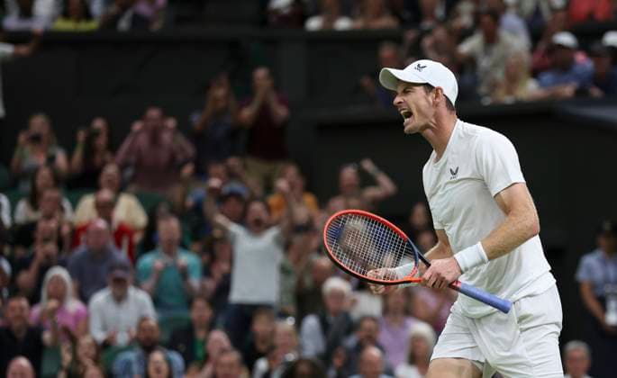 (230707) -- LONDON, July 7, 2023 -- Andy Murray of Britain reacts during the men s singles second round match between Andy Murray of Britain and Stefanos Tsitsipas of Greece at Wimbledon tennis Championship in London, Britain, on July 6, 2023. ) (SP)BRITAIN-LONDON-TENNIS-WIMBLEDON-DAY 4 HanxYan 
