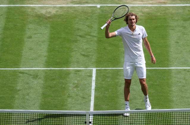 (230707) -- LONDON, July 7, 2023 -- Alexander Zverev of Germany celebrates after the men s singles first round match between Alexander Zverev of Germany and Gijs Brouwer of the Netherlands at Wimbledon tennis Championship in London, Britain, on July 6, 2023. ) (SP)BRITAIN-LONDON-TENNIS-WIMBLEDON-DAY 4 HanxYan 