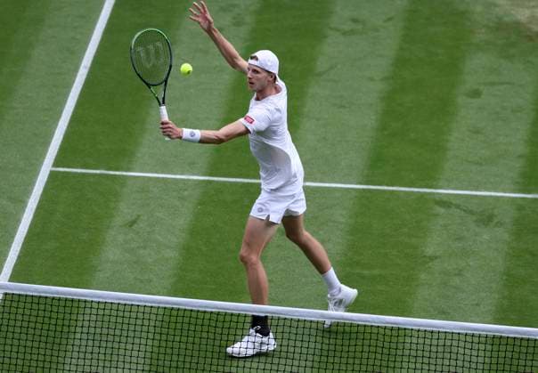 (230707) -- LONDON, July 7, 2023 -- Gijs Brouwer of the Netherlands competes during the men s singles first round match between Alexander Zverev of Germany and Gijs Brouwer of the Netherlands at Wimbledon tennis Championship in London, Britain, on July 6, 2023. ) (SP)BRITAIN-LONDON-TENNIS-WIMBLEDON-DAY 4 HanxYan 