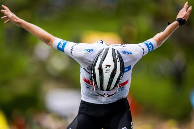 Sport Themen der Woche KW27 Sport Bilder des Tages Slovenian Tadej Pogacar of UAE Team Emirates celebrates as he crosses the finish line to win stage 6 of the Tour de France cycling race, a 144,9 km race from Tarbes to Cauterets-Cambasque, France, Thursday 06 July 2023. This year s Tour de France takes place from 01 to 23 July 2023. JASPERxJACOBS  x70217496x