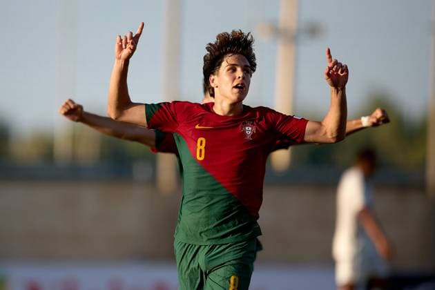 TA™QALI, MALTA JULY 6: Portugal Under-19 national soccer team player Gustavo Sa reacts in celebration after scoring during the UEFA European Under-19 Championship 2022 23 Group A match between Portugal and Italy at the Centenary Stadium on July 6, 2023, in Ta™ Qali, Malta. UEFA European Under-19 Championship 2022 23 Final Tournament in Malta UEFA_U19_2023